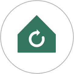 Green house with a circular arrow inside a circle